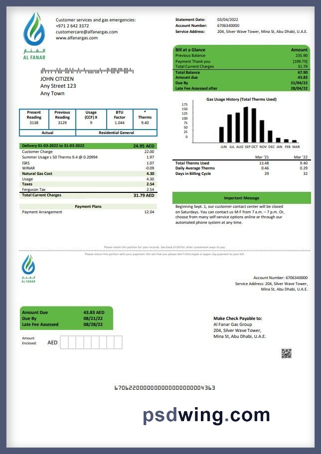 UAE Al Fanar Gas Group Utility Bill